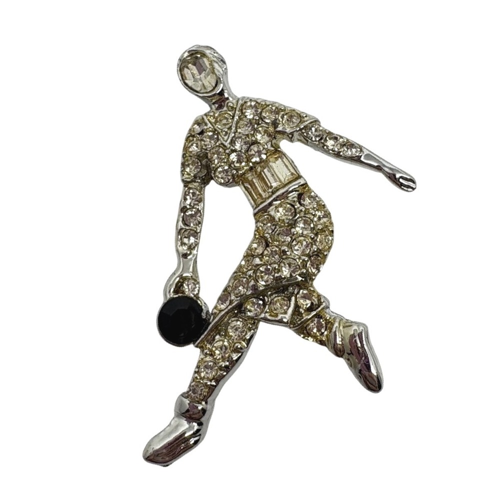 Rhinestone Bowling Lady Brooch Silver Tone Female Bowler Sports Pin 2" Teen Kid